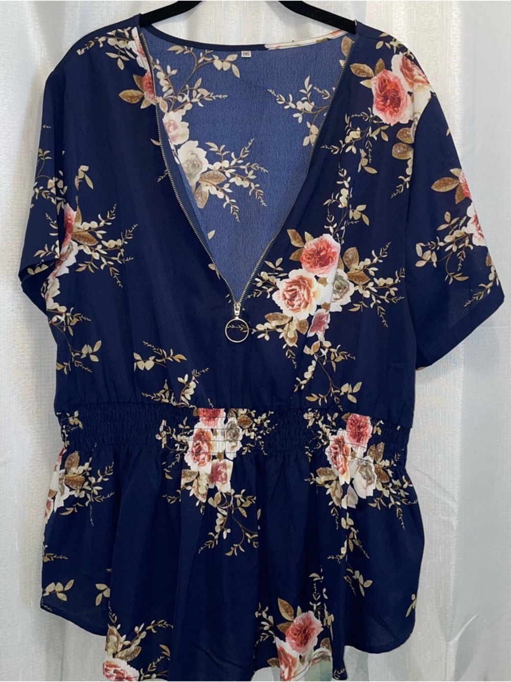 Navy Floral Zip Front Blouse Smocked Waist Boho Top 2XL
